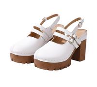 Women’s Vintage Round Closed Toe Chunky Heel Slingback Sandals, Platform Mary Jane Design with Adjustable Buckle Strap, Elegant Dress Pumps for Prom, Wedding, Party Occasions(White, 5.5)
