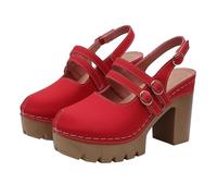 Women’s Vintage Round Closed Toe Chunky Heel Slingback Sandals, Platform Mary Jane Design with Adjustable Buckle Strap, Elegant Dress Pumps for Prom, Wedding, Party Occasions(Red, 4.5)