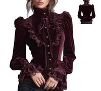 Women’s Vintage Victorian Renaissance Pirate Gothic Velvet Blouse with Ruffle Lace - Long Sleeve Mock Neck Button-Down Top (Burgundy,S)