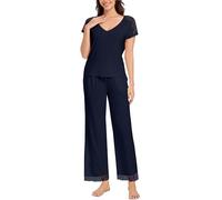Women’s Viscose-Spandex Lace Pyjama Set, Short Sleeve V-Neck Top & Wide Leg Long Trousers with Pockets & Adjustable Waistband (UK, Alpha, S, Regular, Regular, Midnight Navy)