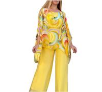 Women’s Wedding Guest Pant Suit 2 Piece Set Tie Dye Printed Elegant Formal Chiffon Evening Party Outfit, Yellow, X-Large