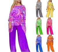 Women’s Wedding Guest Pant Suit 2 Piece Set Tie Dye Printed Elegant Formal Chiffon Evening Party Outfit, Purple, 4XL