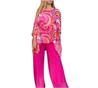 Women’s Wedding Guest Pant Suit 2 Piece Set Tie Dye Printed Elegant Formal Chiffon Evening Party Outfit, Pink, 4XL