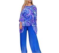 Women’s Wedding Guest Pant Suit 2 Piece Set Tie Dye Printed Elegant Formal Chiffon Evening Party Outfit, Blue, 4XL