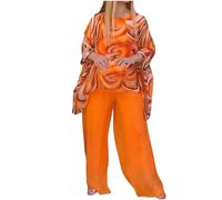 Women’s Wedding Guest Pant Suit 2 Piece Set Tie Dye Printed Elegant Formal Chiffon Evening Party Outfit, Orange, 3XL