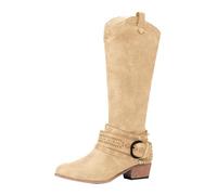 Women’s Western Knee High Boots, Faux Suede Cowgirl Boots with Buckle Strap Detail and Low Block Heel, Side Zipper Design, Comfortable Classic Riding Boots with Boho Inspired Craft Finish