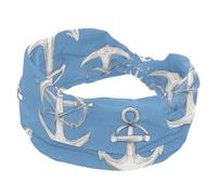 Women’s Wide Headbands, Anchors and Ship Wheels on Blue Background Stretchy Sports Head Bands Hair Accessories Band for Yoga Running Daily Life