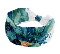 Women’s Wide Headbands, Sea Blue Algae with Leaves Bubbles and Starfish Stretchy Sports Head Bands Hair Accessories Band for Yoga Running Daily Life