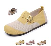 Women’s Wide Toe Box Mary Jane Flats Breathable Knit Round Toe Slip on Walking Shoes with Adjustable Strap (4,Yellow)