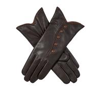 Women’s Wool-Lined Leather Gloves with Buttons and Piping - Mocca/Cognac / S