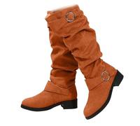Women’s Wrinkled Knee-High Boots with Buckle Straps, Flat Tall Slouchy Boots for Women Pull On Flat Heel Combat Shoes (Orange,6)