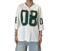 Women’s Y2k Oversized Number Graphic Shirts V Neck Short Sleeve Jersey Top Summer Going Out Tees Aesthetic Clothes (P-White, L)