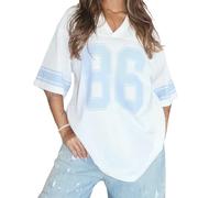 Women’s Y2k Oversized Number Graphic Shirts V Neck Short Sleeve Jersey Top Summer Going Out Tees Aesthetic Clothes (O-White, L)