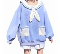 Women Sailor Sweatshirt Front Bow Tie Pullover Grunge Aesthetic Fairy Academia Vintage Alt Emo Bear Kawaii Hoodie, Blue, XXL