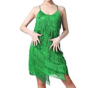 Women Salsa Latin Dance Dress Sequin Tassel Fringe Flapper Dress 1920s Gatsby Cocktail Dress Tango Ballroom Dancing Costume, Green, XL