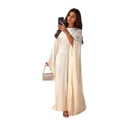 Women Satin Abaya Dress Islam Muslim Summer Batwing Sleeve Maxi Dress Kaftan Robe Ramadan Clothes Beige