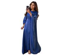 Women Satin Abaya Dress Islam Muslim Summer Batwing Sleeve Maxi Dress Kaftan Robe Ramadan Clothes Darkblue