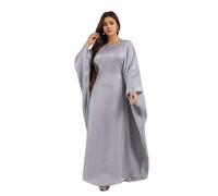 Women Satin Abaya Dress Islam Muslim Summer Batwing Sleeve Maxi Dress Kaftan Robe Ramadan Clothes Lightgrey