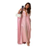 Women Satin Abaya Dress Islam Muslim Summer Batwing Sleeve Maxi Dress Kaftan Robe Ramadan Clothes Lightpink