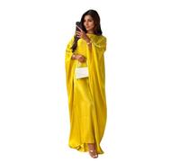 Women Satin Abaya Dress Islam Muslim Summer Batwing Sleeve Maxi Dress Kaftan Robe Ramadan Clothes Yellow