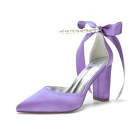 Women Satin Block Chunky Heel Wedding Shoes Pumps Pointed Toe Ankle Strap Pearl Bridal Dress Shoes 132-9,Light Purple,7 UK