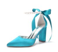 Women Satin Block Chunky Heel Wedding Shoes Pumps Pointed Toe Ankle Strap Pearl Bridal Dress Shoes 132-9,Blue Green,9.5 UK