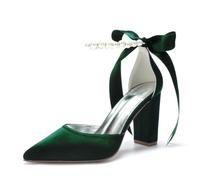 Women Satin Block Chunky Heel Wedding Shoes Pumps Pointed Toe Ankle Strap Pearl Bridal Dress Shoes 132-9,Green,5 UK