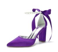 Women Satin Block Chunky Heel Wedding Shoes Pumps Pointed Toe Ankle Strap Pearl Bridal Dress Shoes 132-9,Purple,7 UK