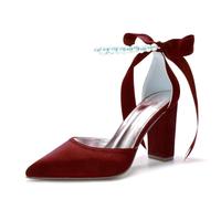 Women Satin Block Chunky Heel Wedding Shoes Pumps Pointed Toe Ankle Strap Pearl Bridal Dress Shoes 132-9,Burgundy,7 UK