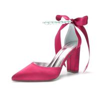 Women Satin Block Chunky Heel Wedding Shoes Pumps Pointed Toe Ankle Strap Pearl Bridal Dress Shoes 132-9,Fuchsia,9.5 UK