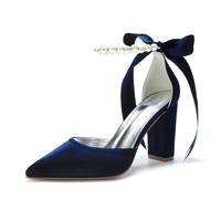 Women Satin Block Chunky Heel Wedding Shoes Pumps Pointed Toe Ankle Strap Pearl Bridal Dress Shoes 132-9,Navy,5.5 UK