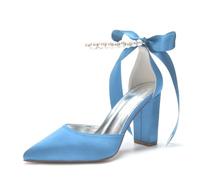 Women Satin Block Chunky Heel Wedding Shoes Pumps Pointed Toe Ankle Strap Pearl Bridal Dress Shoes 132-9,Light Blue,4 UK