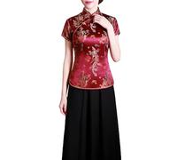 Women Satin Chinese Cheongsam Style Shirt, Short Sleeve Mandarin Collar Top with Traditional Frog Fastenings, Elegant Garment for Stage Performance Party Holiday Festival Occasions