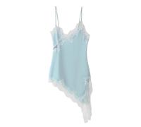 Women Satin Lace Trim Patchwork Cami Tops Sexy Spaghetti Strap Irregular Hem Camisole Midi Shirt Going Out Party Tops (A-Blue, XL)