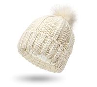 Women Satin Lined Winter Beanie Hat with Thick Silk Lining and Skull Pattern, Pom-Beige, One Size