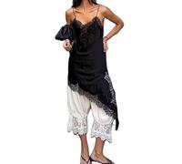Women Satin Long Lace Cami Top Y2K Silk Spaghetti Strap Side Split Asymmetrical Tank Tops Dress Flowy Silky Layering Tops Nightwear (A-Black, XL)
