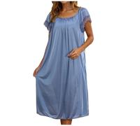 Women Satin Negligee Nightdress Summer Loose Solid Color Ice Silk Loungewear Sleepwear Soft Satin Babydoll Nighties Dressing Gown Comfy Crew Neck Home Wear Lace Trim Romper Pajamas