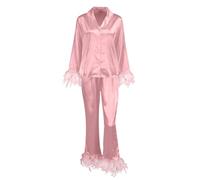 Women Satin Pyjama Sets Comfy Long Sleeve Loungewear Soft Silk Feather Cuffs Elegant Homewear Pajamas Set Solid Button Down Dressing Gown Nightwear Nightshirt Trousers Suit Pjs Wedding Pink XL