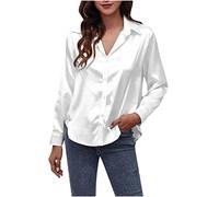 Women Satin Shirt Button Down Long Sleeve Tops Collared Solid Silk Shirt Elegant Work Office Business Casual Blouse Blouses & Shirts Ladies UK Clearance Size 8-16 White