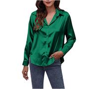 Women Satin Shirt Button Down Long Sleeve Tops Collared Solid Silk Shirt Elegant Work Office Business Casual Blouse Blouses & Shirts Ladies UK Clearance Size 8-16 Army Green