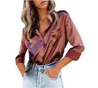 Women Satin Shirt UK Sale,Button Down Long Sleeve Tops Ladies Collared Solid Silk T Shirt Elegant Work Office Business Casual Blouse Blouses & Shirts Ladies UK Size 8-16 Brown