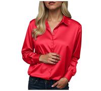 Women Satin Shirt V-Neck Long Sleeve Blouse Silk Feel Button Down Top for Business Casual Wear Elegant Ladies Tops 2024 Fashion Slim Fit Work Blouse Shirts for Women (1-Red, S)