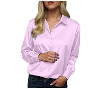 Women Satin Shirt V-Neck Long Sleeve Blouse Silk Feel Button Down Top for Business Casual Wear Elegant Ladies Tops 2024 Fashion Slim Fit Work Blouse Shirts for Women (1-Light Purple, L)