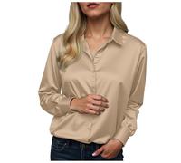 Women Satin Shirt V-Neck Long Sleeve Blouse Silk Feel Button Down Top for Business Casual Wear Elegant Ladies Tops 2024 Fashion Slim Fit Work Blouse Shirts for Women (1-Khaki, XL)