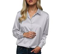 Women Satin Shirt V-Neck Long Sleeve Blouse Silk Feel Button Down Top for Business Casual Wear Elegant Ladies Tops 2024 Fashion Slim Fit Work Blouse Shirts for Women (1-Grey, S)