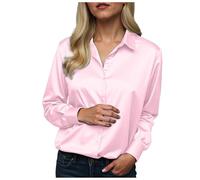 Women Satin Shirt V-Neck Long Sleeve Blouse Silk Feel Button Down Top for Business Casual Wear Elegant Ladies Tops 2024 Fashion Slim Fit Work Blouse Shirts for Women (L)