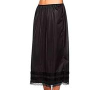 Women Satin Silk Midi Skirt Lace Trim Patchwork Maxi Skirt Comfy Stretch Elastic Waist Wrap Coquette Slip Skirt (#1-Black, L)