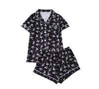 Women Satin Silk Pyjama Sets Short Sleeve Pajamas Ladies Button Down T Shirt and Shorts Bride 2 Piece Pjs Set Sleepwear Loungewear Bow Print Nightwear