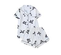 Women Satin Silk Pyjama Sets Short Sleeve Pajamas Ladies Button Down T Shirt and Shorts Bride 2 Piece Pjs Set Sleepwear Loungewear Bow Print Nightwear