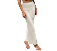 Women Satin Silk Skirt A Line Elastic High Waist Ruffle Long Maxi Skirt Solid Color Mermaid Skirt Formal Evening Party Skirts White S
